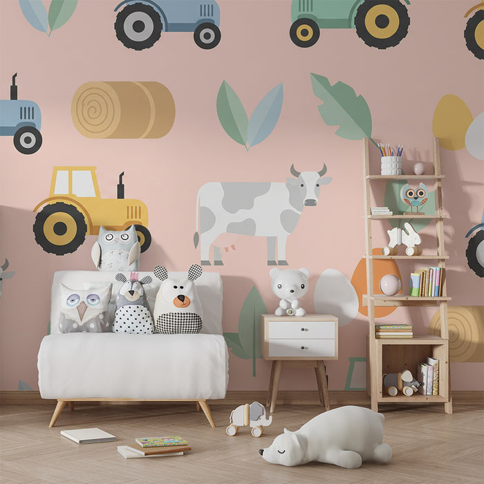 Paberi tapeet beebi tuba | Värvilised farmielukad ja traktorid pastelse tausta peal
