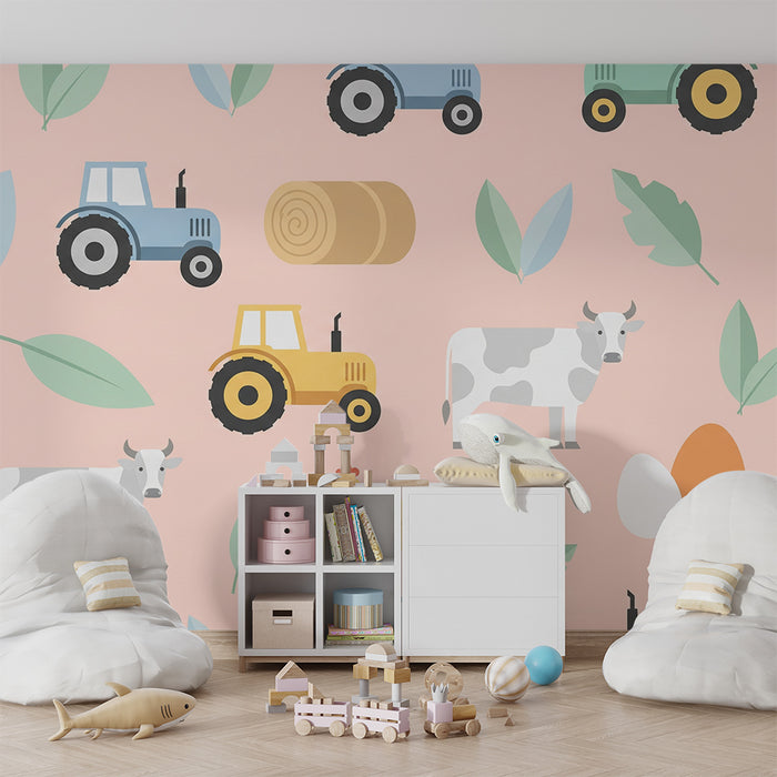 Paberi tapeet beebi tuba | Värvilised farmielukad ja traktorid pastelse tausta peal