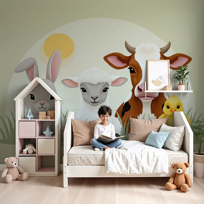 Papier peint chambre bébé | Animaux de la ferme mignons sur fond pastel
