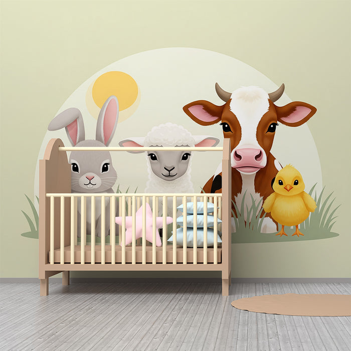 Papier peint chambre bébé | Animaux de la ferme mignons sur fond pastel