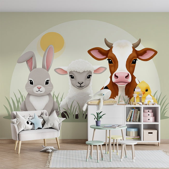 Papier peint chambre bébé | Animaux de la ferme mignons sur fond pastel