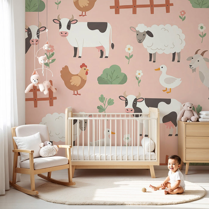Papier peint chambre bébé | Animaux de la ferme sur fond rose