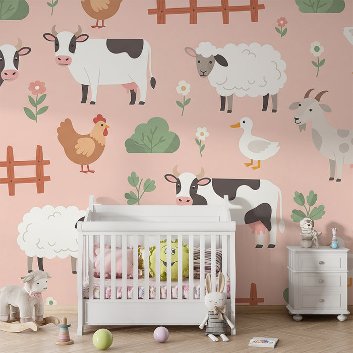 Papier peint chambre bébé | Animaux de la ferme sur fond rose