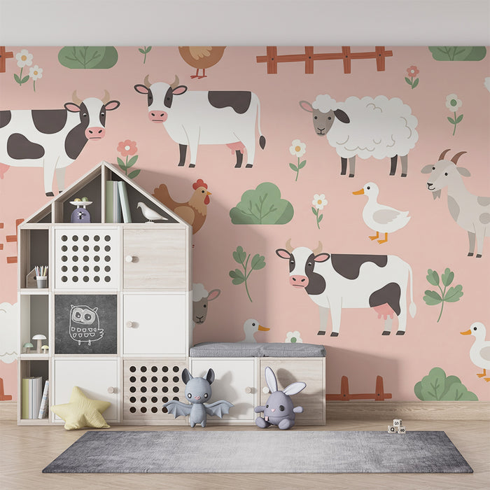 Papier peint chambre bébé | Animaux de la ferme sur fond rose
