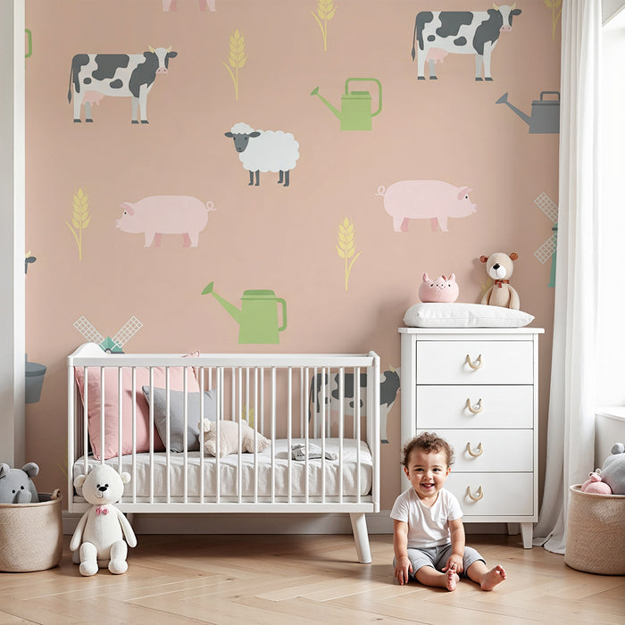 Babykamer behang | Boerderijdieren op een roze achtergrond met tarwearen