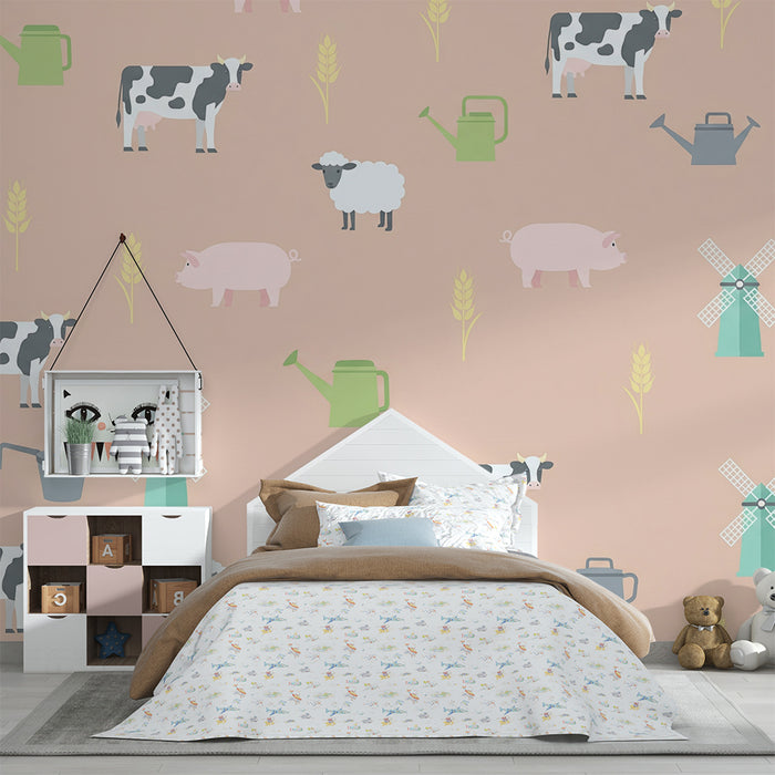 Babykamer behang | Boerderijdieren op een roze achtergrond met tarwearen