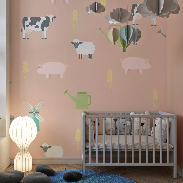Babykamer behang | Boerderijdieren op een roze achtergrond met tarwearen
