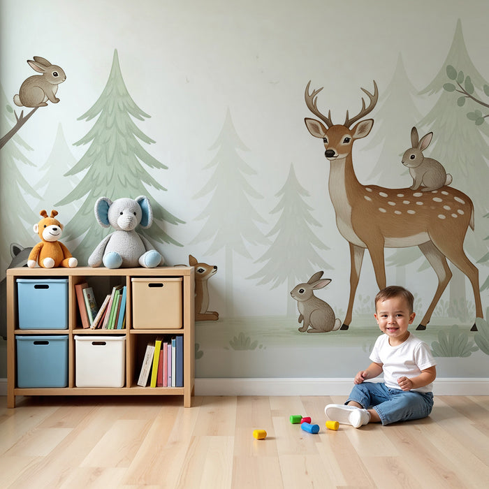 Papier peint chambre bébé | Animaux de la forêt avec cerf et lapins