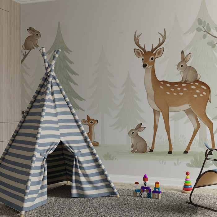 Papier peint chambre bébé | Animaux de la forêt avec cerf et lapins