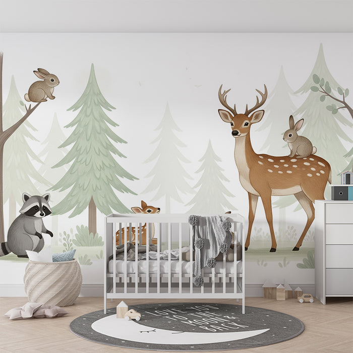 Papier peint chambre bébé | Animaux de la forêt avec cerf et lapins
