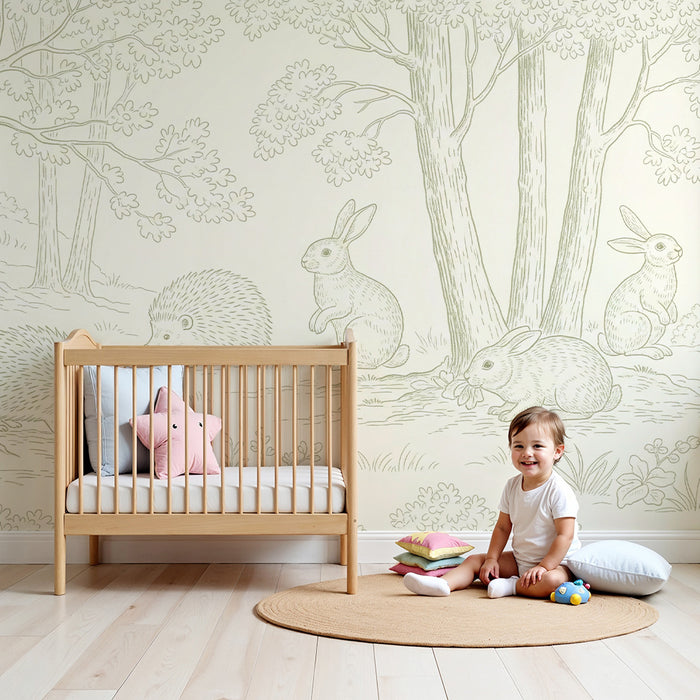 Papier peint chambre bébé | Animaux de la forêt avec hérisson et lapins