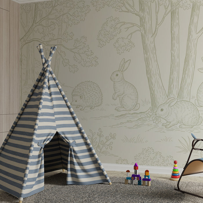 Papier peint chambre bébé | Animaux de la forêt avec hérisson et lapins