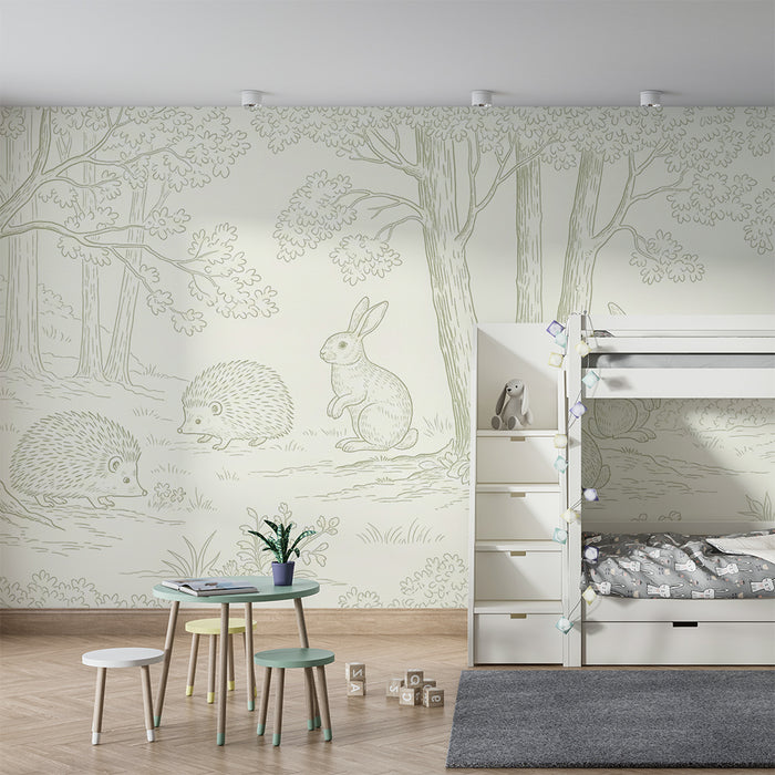 Papier peint chambre bébé | Animaux de la forêt avec hérisson et lapins