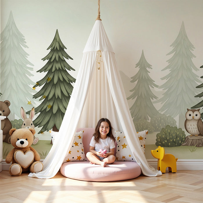 Papier peint chambre bébé | Animaux de la forêt avec ours, lapin et hibou