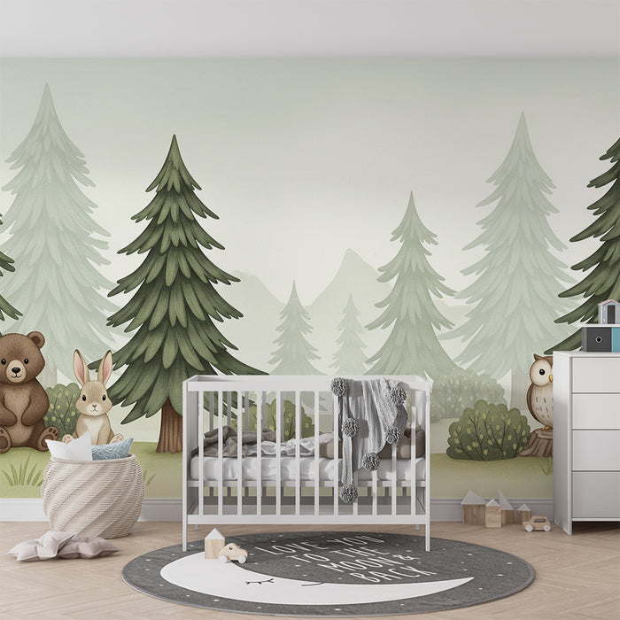 Papier peint chambre bébé | Animaux de la forêt avec ours, lapin et hibou