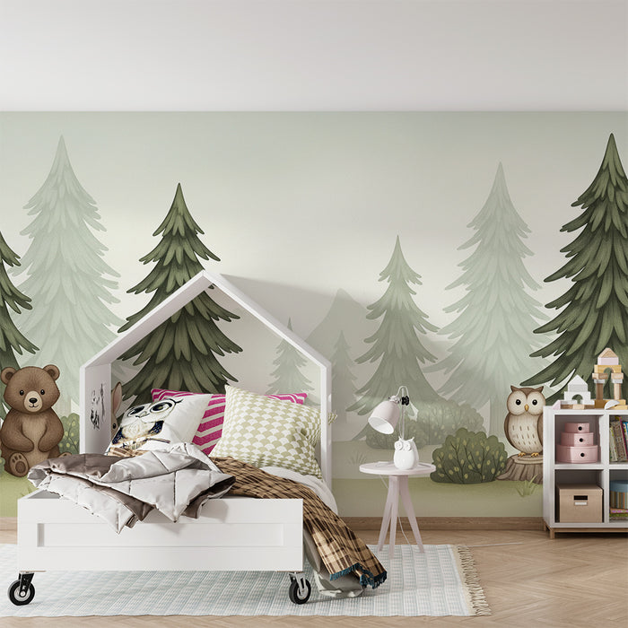 Papier peint chambre bébé | Animaux de la forêt avec ours, lapin et hibou
