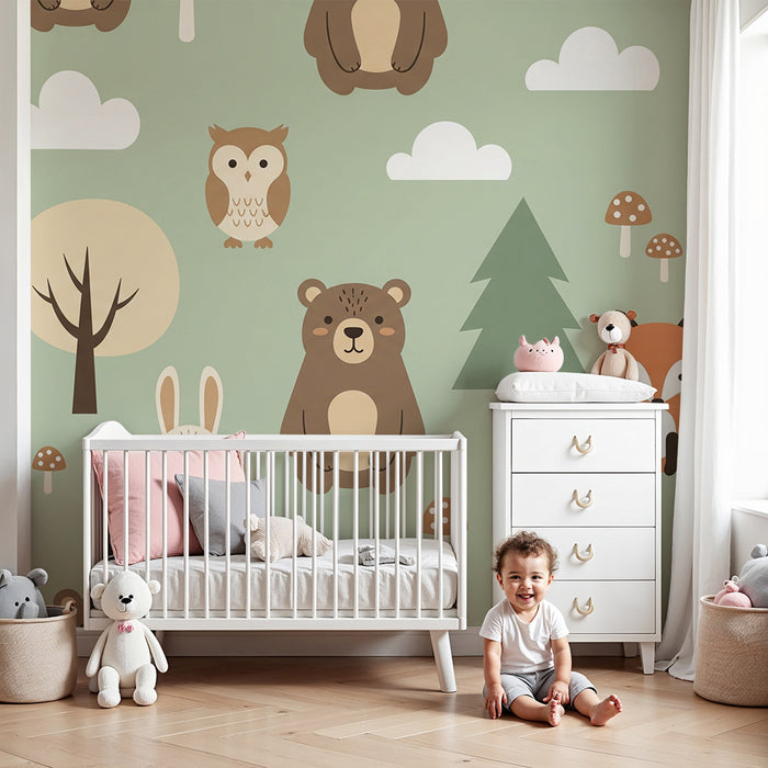 Behang babykamer | Bosdieren met beer, vos en uil