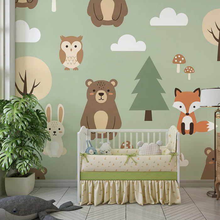 Behang babykamer | Bosdieren met beer, vos en uil
