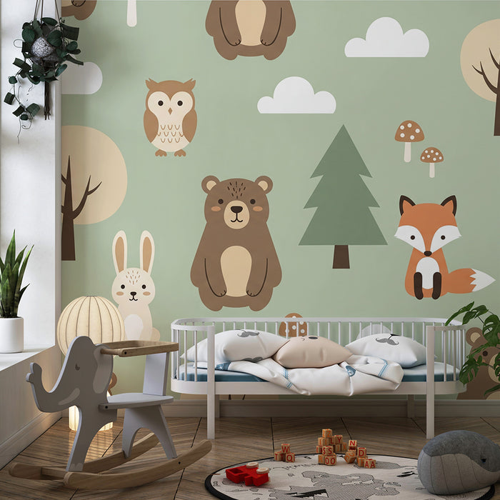 Behang babykamer | Bosdieren met beer, vos en uil