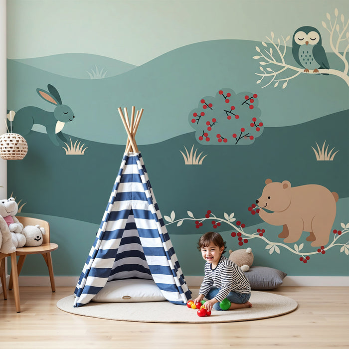 Papel pintado para habitación de bebé | Animales del bosque con un conejo, un oso y un búho