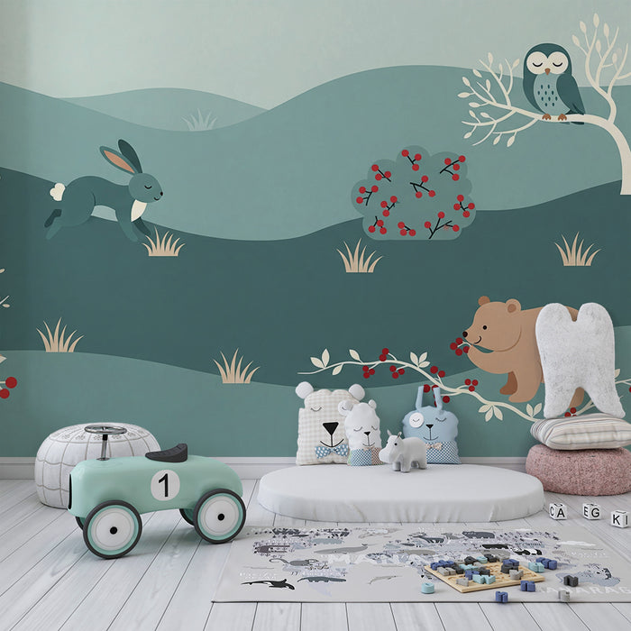 Papel pintado para habitación de bebé | Animales del bosque con un conejo, un oso y un búho