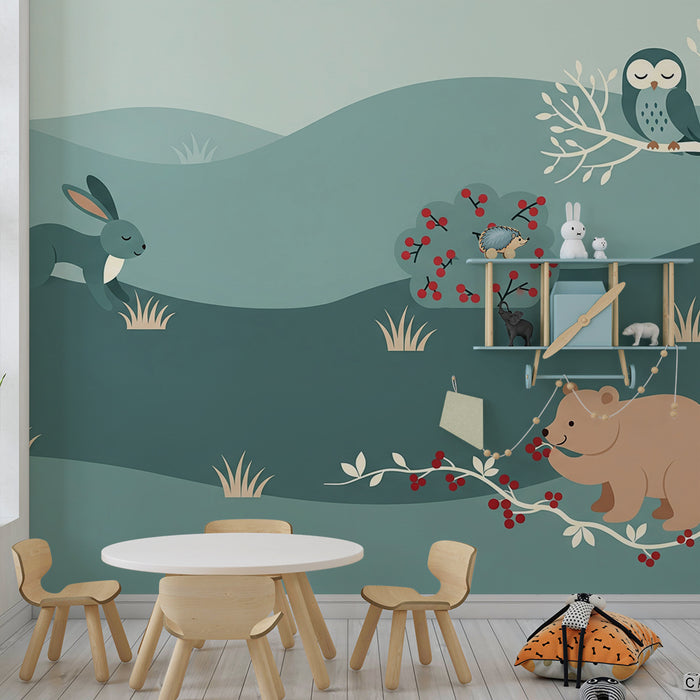 Papel pintado para habitación de bebé | Animales del bosque con un conejo, un oso y un búho