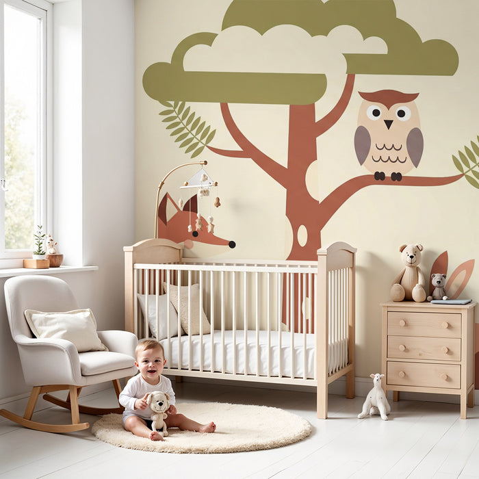 Barntapet | Skogsdjur med en räv, en uggla och en kanin