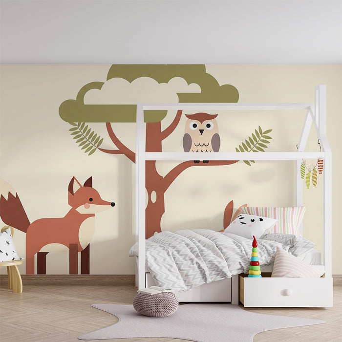 Barntapet | Skogsdjur med en räv, en uggla och en kanin