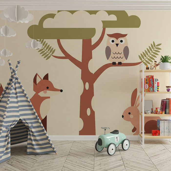 Barntapet | Skogsdjur med en räv, en uggla och en kanin
