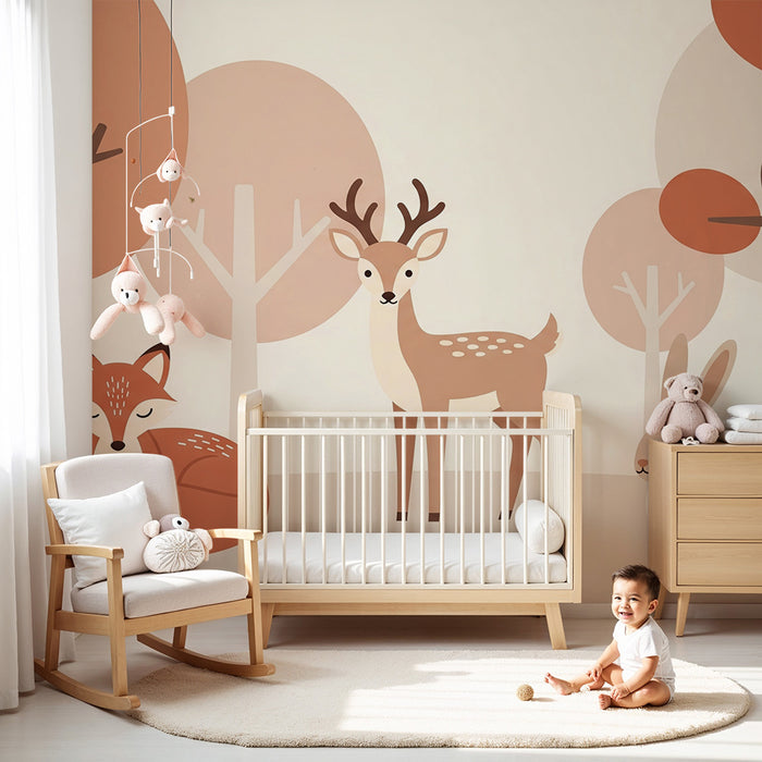 Babykamer behang | Bosdieren in zachte tinten