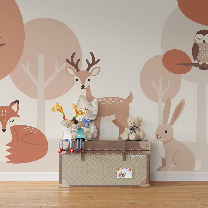 Babykamer behang | Bosdieren in zachte tinten