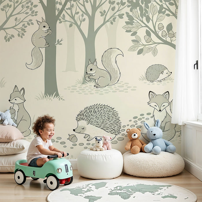 Papel pintado para habitación de bebé | Animales del bosque en blanco y negro con erizos y ardillas