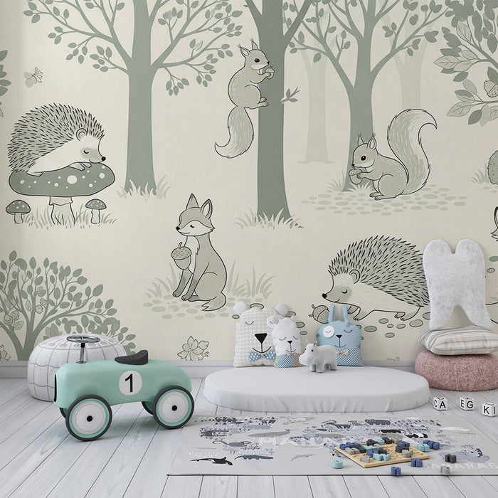Papel pintado para habitación de bebé | Animales del bosque en blanco y negro con erizos y ardillas