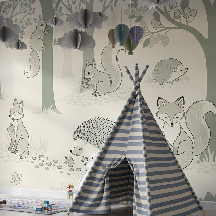 Papel pintado para habitación de bebé | Animales del bosque en blanco y negro con erizos y ardillas