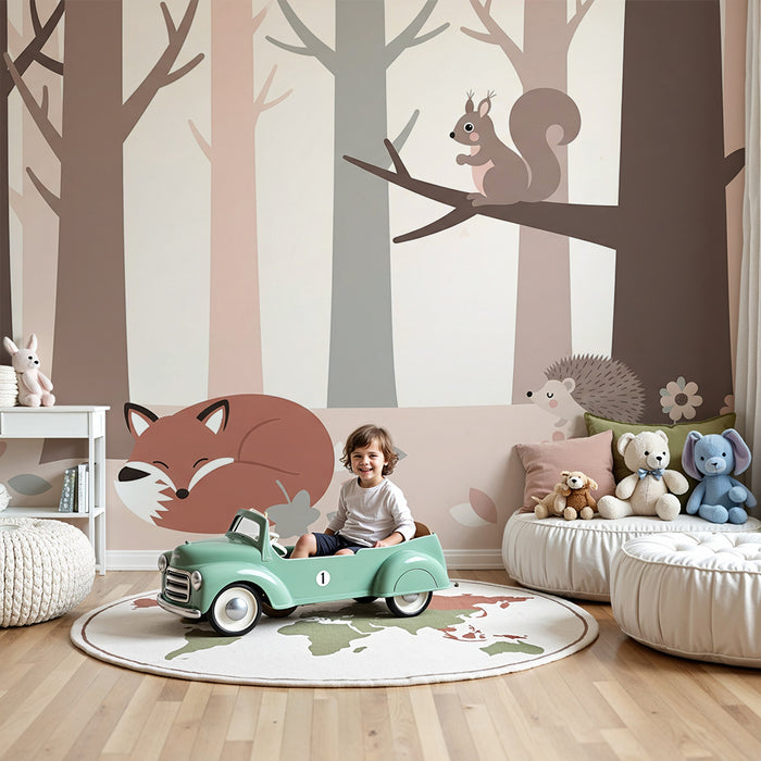Lastenhuoneen tapetti | Nukkuvat metsän eläimet herkillä kukilla