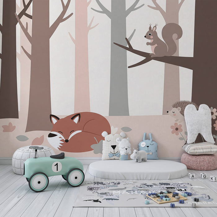 Lastenhuoneen tapetti | Nukkuvat metsän eläimet herkillä kukilla