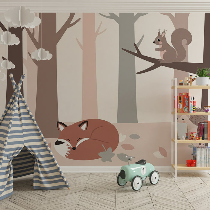 Lastenhuoneen tapetti | Nukkuvat metsän eläimet herkillä kukilla