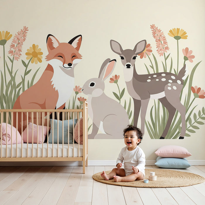 Barntapet | Skogsdjur omgivna av färgglada blommor