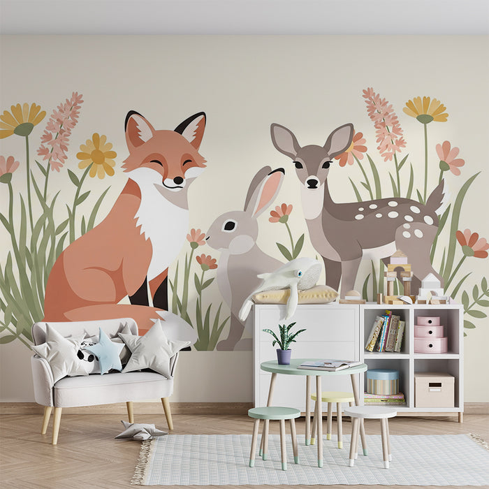 Barntapet | Skogsdjur omgivna av färgglada blommor