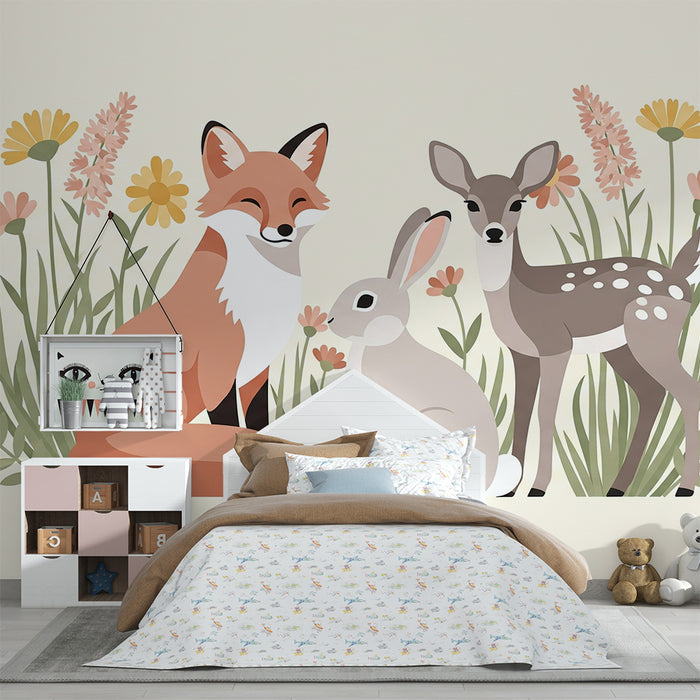 Barntapet | Skogsdjur omgivna av färgglada blommor