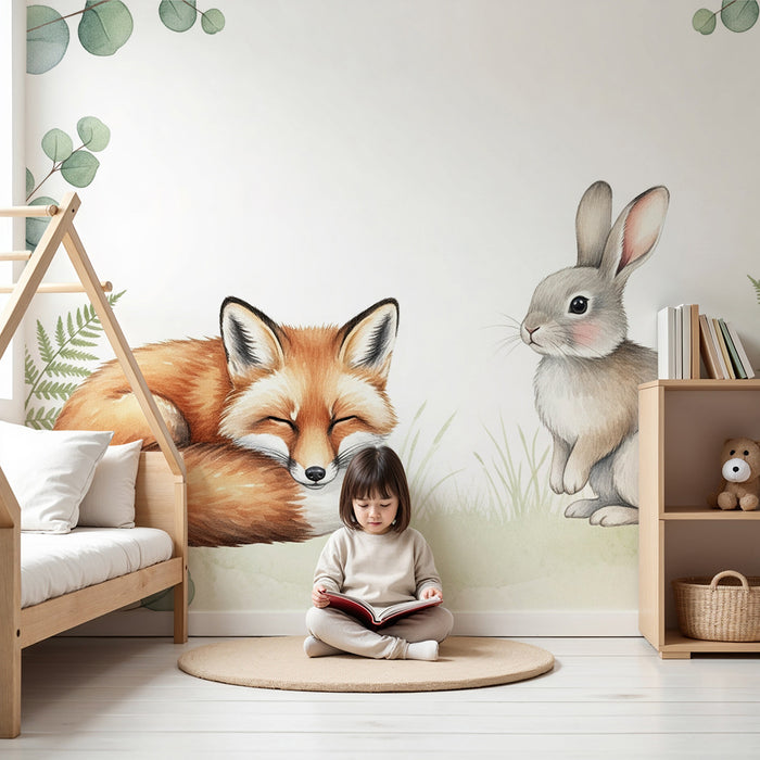 Papier de parede detskej izby | Zvieratá z lesa a jemné listie
