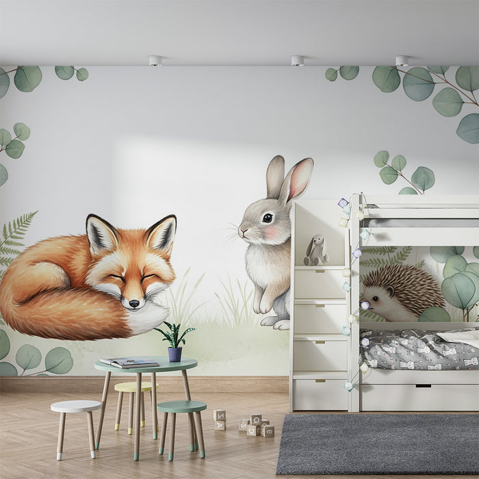 Papier de parede detskej izby | Zvieratá z lesa a jemné listie