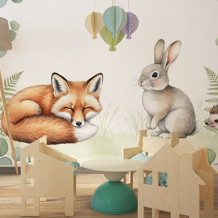 Papier de parede detskej izby | Zvieratá z lesa a jemné listie