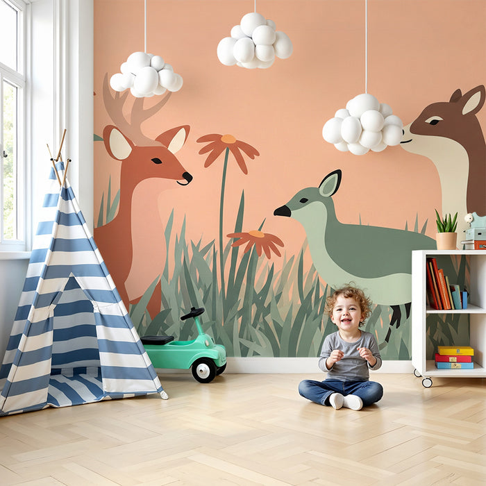 Papier peint chambre bébé | Animaux de la forêt et fleurs
