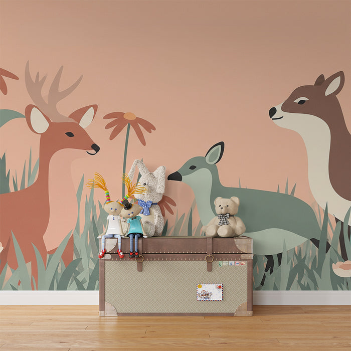 Papier peint chambre bébé | Animaux de la forêt et fleurs