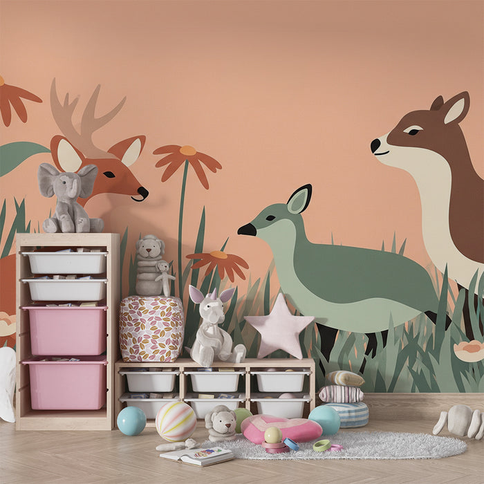 Papier peint chambre bébé | Animaux de la forêt et fleurs