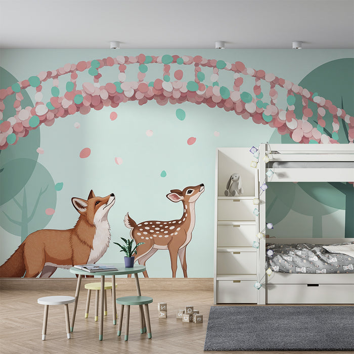 Børneværelse tapet | Skovens dyr under en pastelfarvet himmel