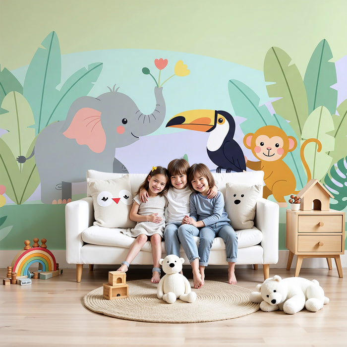 Barntapet | Djungeldjur med elefant, tukan och apa