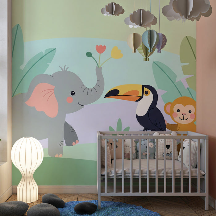 Barntapet | Djungeldjur med elefant, tukan och apa