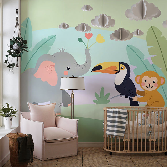 Barntapet | Djungeldjur med elefant, tukan och apa